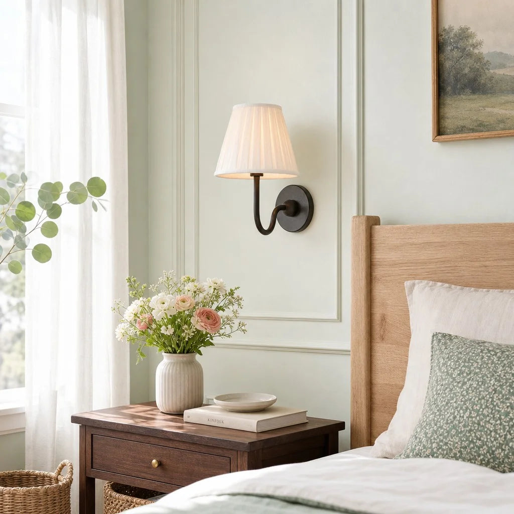 Wall Sconce Vintage with Pleated Fabric Shade, Single or Double Head