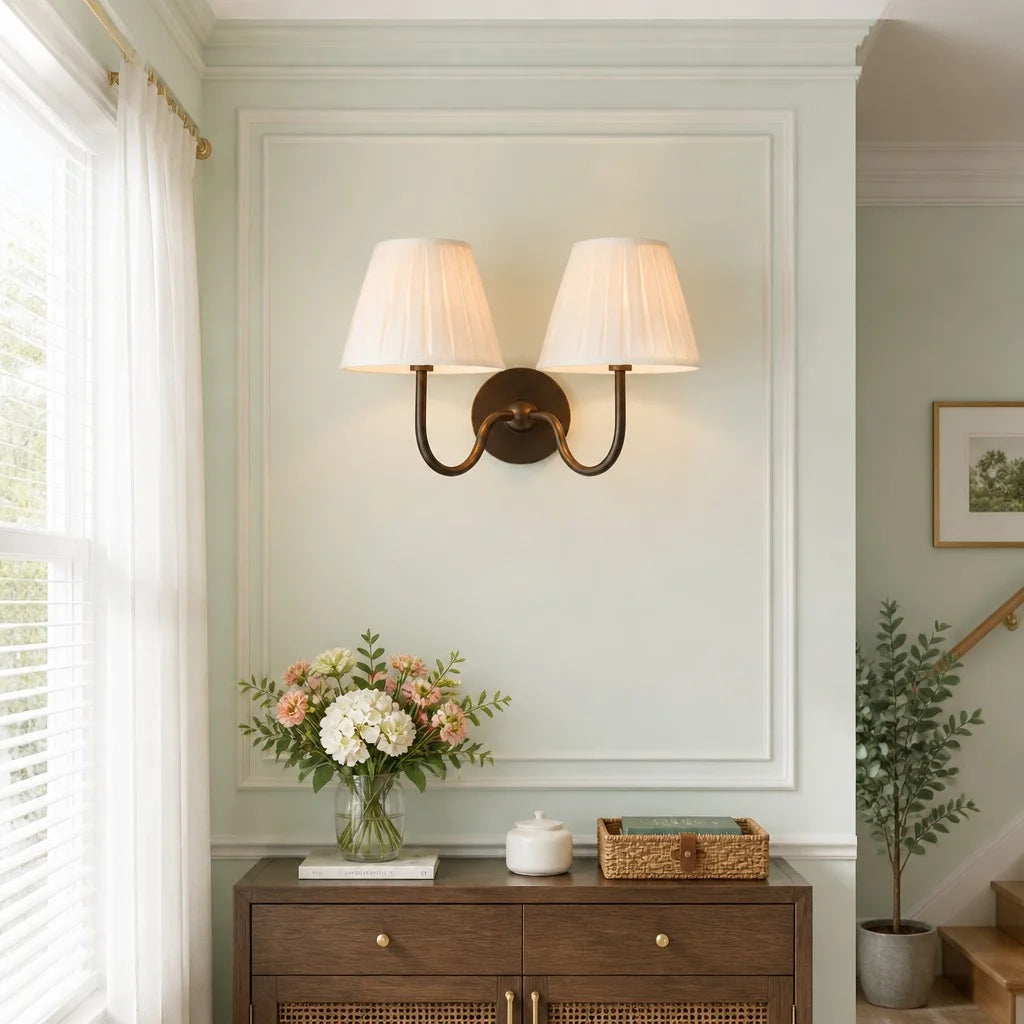 Wall Sconce Vintage with Pleated Fabric Shade, Single or Double Head