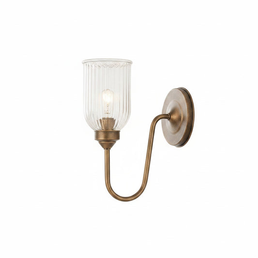 Wall Sconce Vintage with Ribbed Glass Shade and Curved Brass Arm