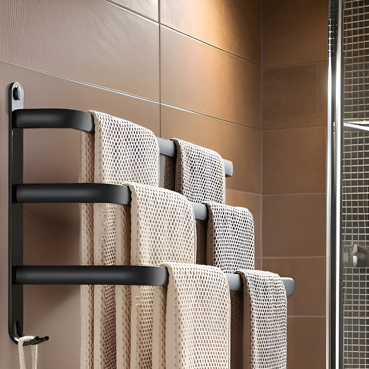 Wall Towel Rack with 3 Bars and Hooks, Space-Saving Bathroom Towel Holder