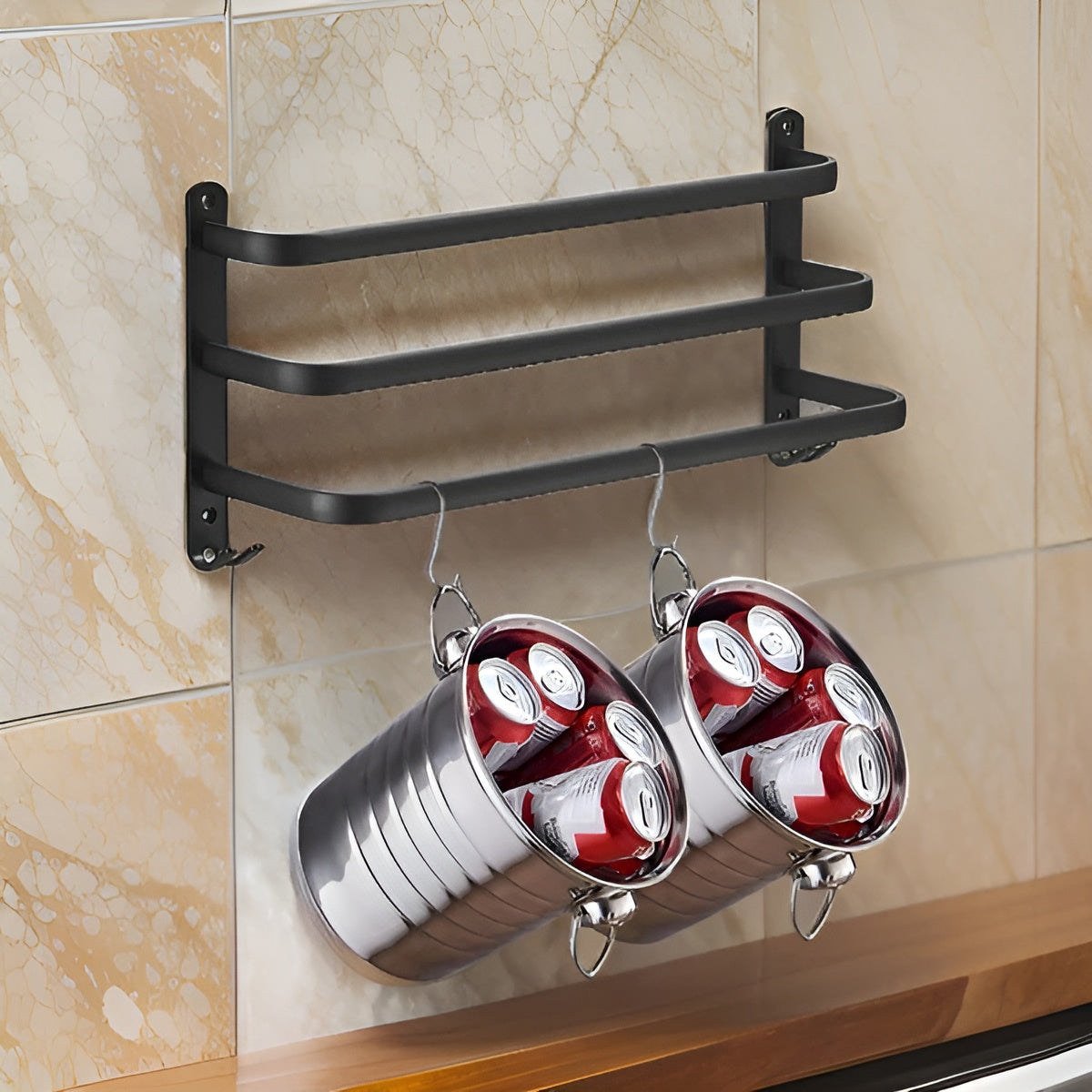 Wall Towel Rack with 3 Bars and Hooks, Space-Saving Bathroom Towel Holder
