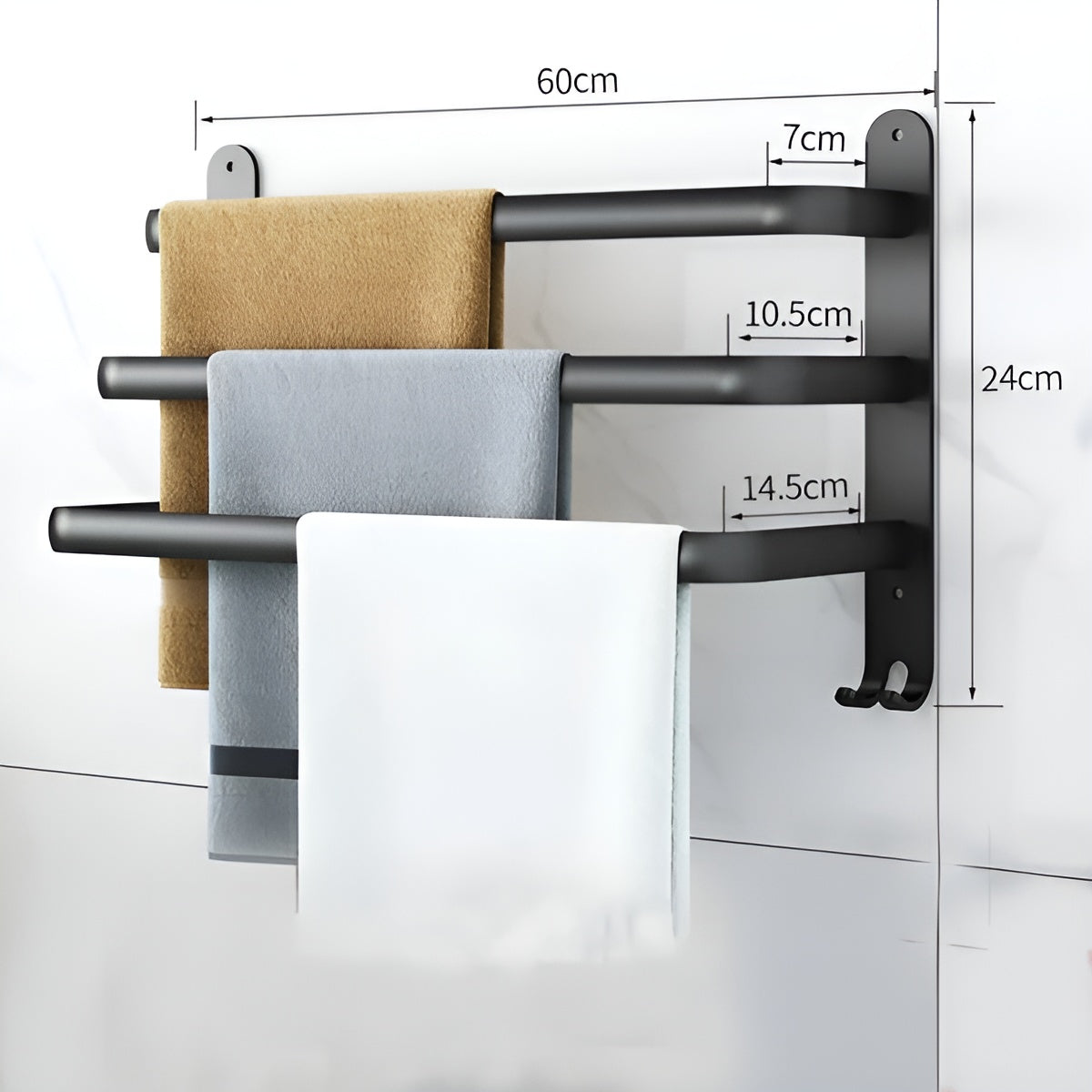 Wall Towel Rack with 3 Bars and Hooks, Space-Saving Bathroom Towel Holder