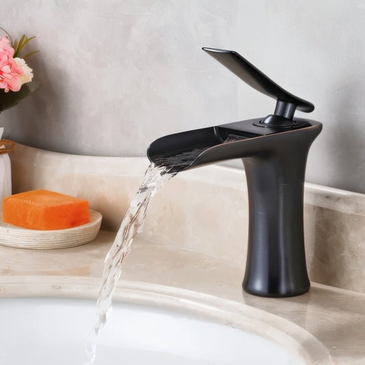 Waterfall Basin Faucet Single Hole Bathroom Tap with Open Trough Spout and Flared Base