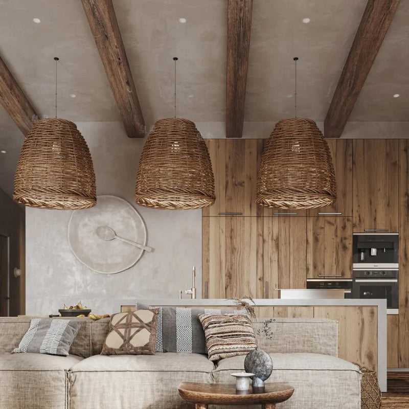 Wicker Rattan Pendant Lamp Bohemian with Woven Dome Shade