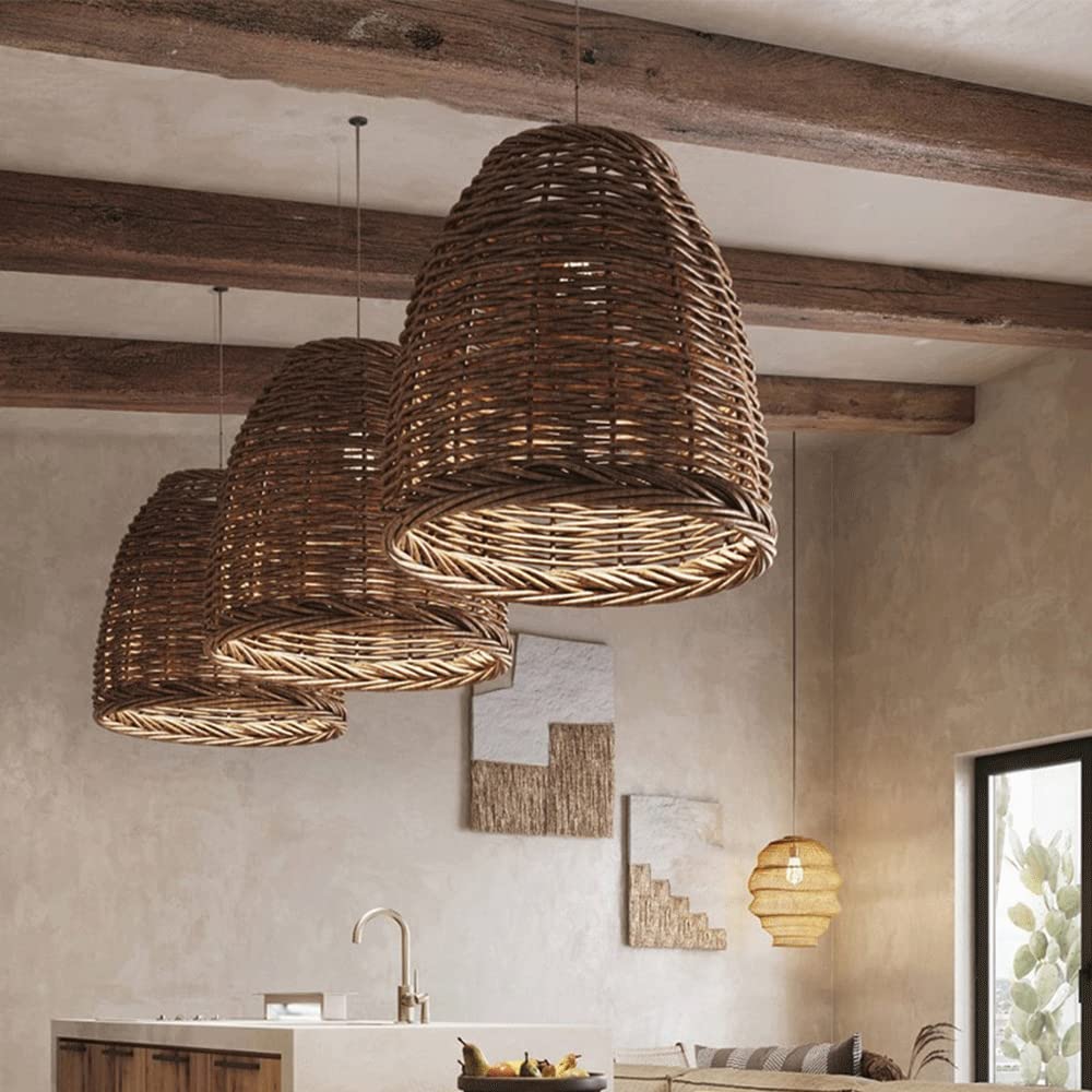 Wicker Rattan Pendant Lamp Bohemian with Woven Dome Shade