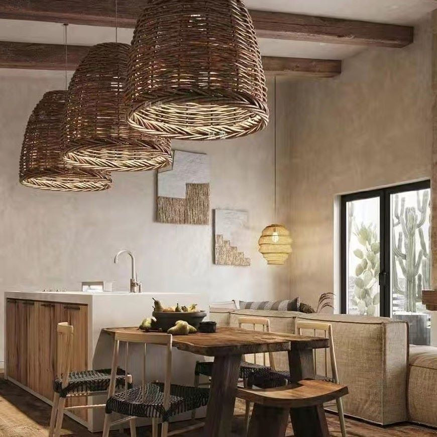 Wicker Rattan Pendant Lamp Bohemian with Woven Dome Shade