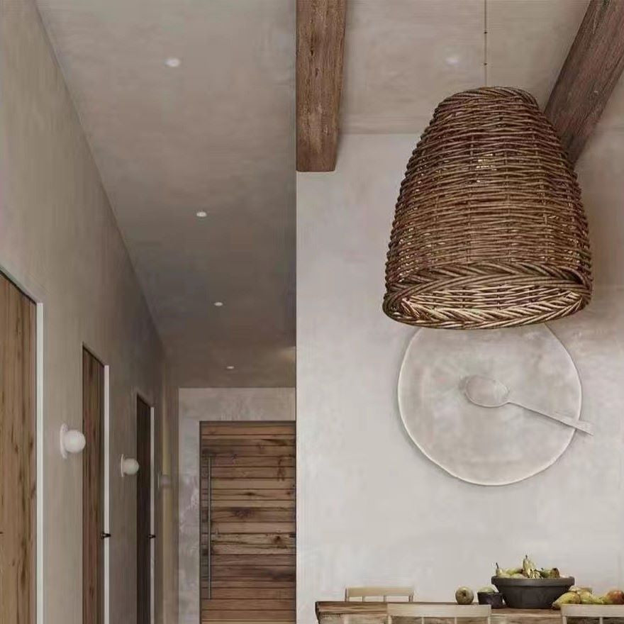 Wicker Rattan Pendant Lamp Bohemian with Woven Dome Shade