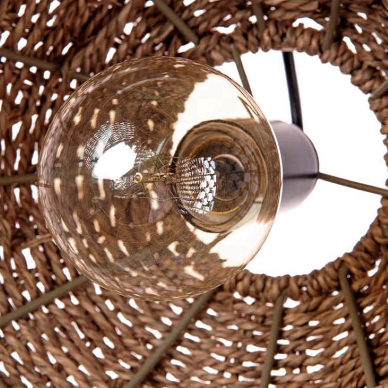 Wicker Rattan Pendant Lamp Bohemian with Woven Dome Shade