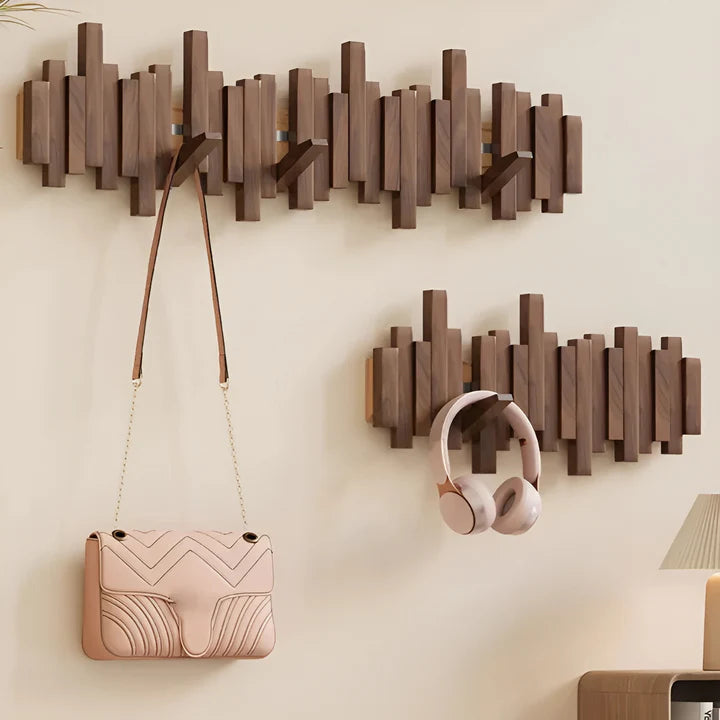 Wood Wall Coat Rack with Foldable Hooks and Piano Design for Hallway