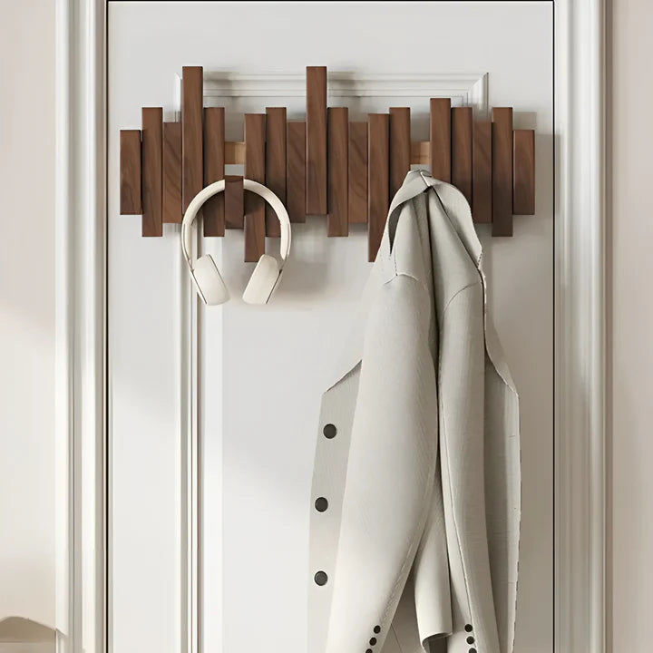 Wood Wall Coat Rack with Foldable Hooks and Piano Design for Hallway