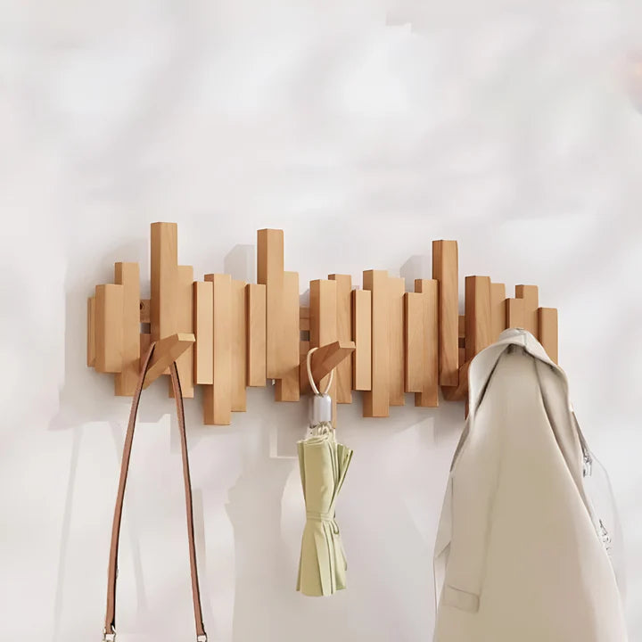 Wood Wall Coat Rack with Foldable Hooks and Piano Design for Hallway