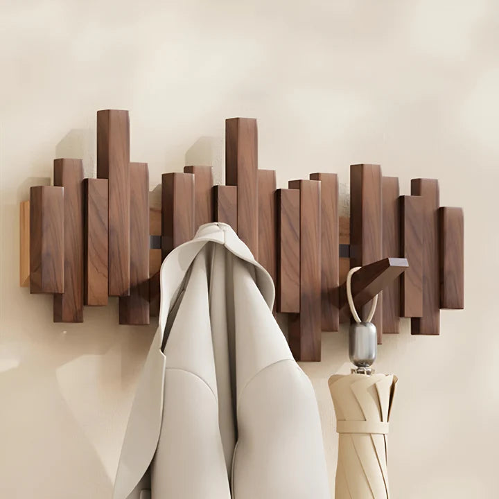 Wood Wall Coat Rack with Foldable Hooks and Piano Design for Hallway