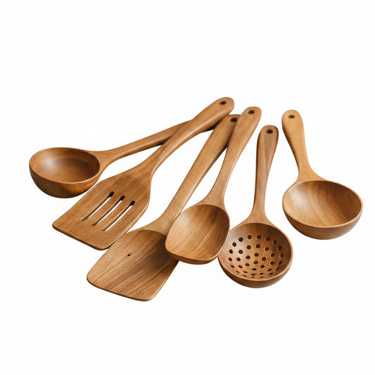 Wooden Kitchen Utensil Set with Spatulas, Spoons and Skimmer Ladle
