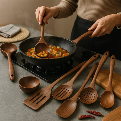 Wooden Kitchen Utensil Set with Spatulas, Spoons and Skimmer Ladle