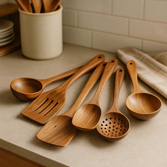Wooden Kitchen Utensil Set with Spatulas, Spoons and Skimmer Ladle