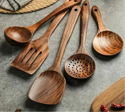 Wooden Kitchen Utensil Set with Spatulas, Spoons and Skimmer Ladle