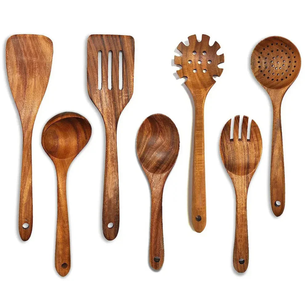 Wooden Kitchen Utensil Set with Spatulas, Spoons and Skimmer Ladle
