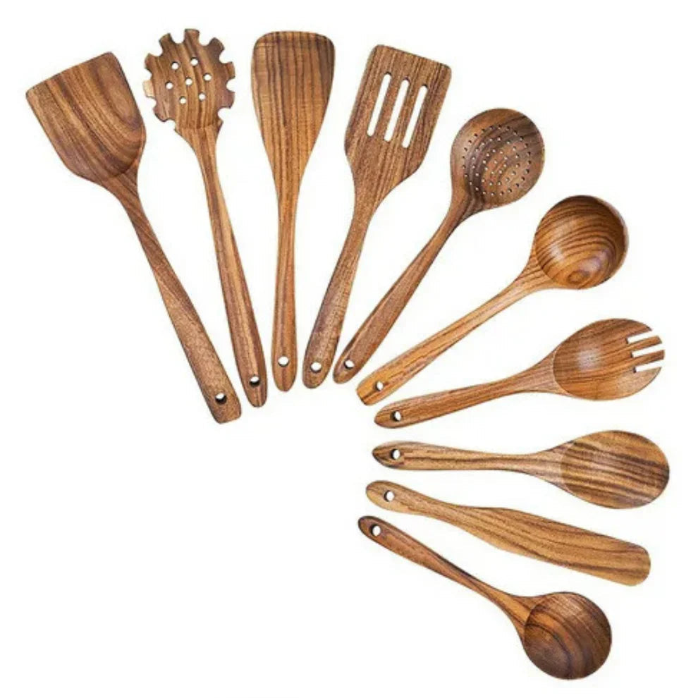 Wooden Kitchen Utensil Set with Spatulas, Spoons and Skimmer Ladle