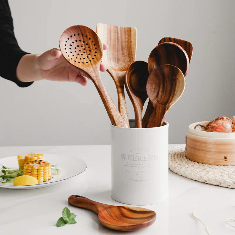 Wooden Kitchen Utensil Set with Spatulas, Spoons and Skimmer Ladle