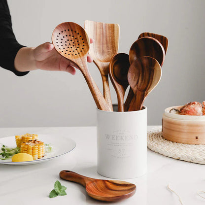 Wooden Kitchen Utensil Set with Spatulas, Spoons and Skimmer Ladle