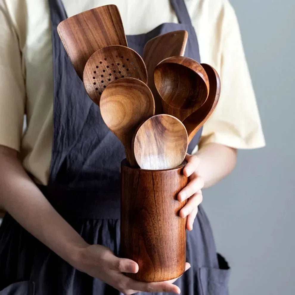 Wooden Kitchen Utensil Set with Spatulas, Spoons and Skimmer Ladle