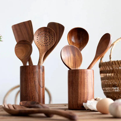 Wooden Kitchen Utensil Set with Spatulas, Spoons and Skimmer Ladle