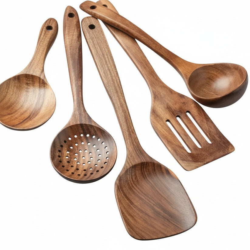 Wooden Kitchen Utensil Set with Spoons, Spatulas and Skimmer Ladle