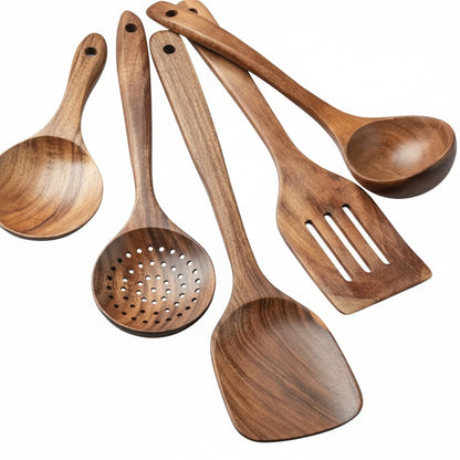 Wooden Kitchen Utensil Set with Spoons, Spatulas and Skimmer Ladle