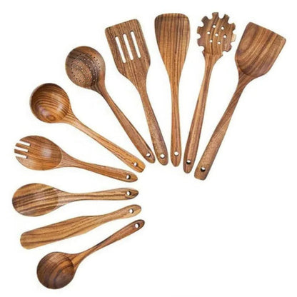 Wooden Kitchen Utensil Set with Spoons, Spatulas and Skimmer Ladle