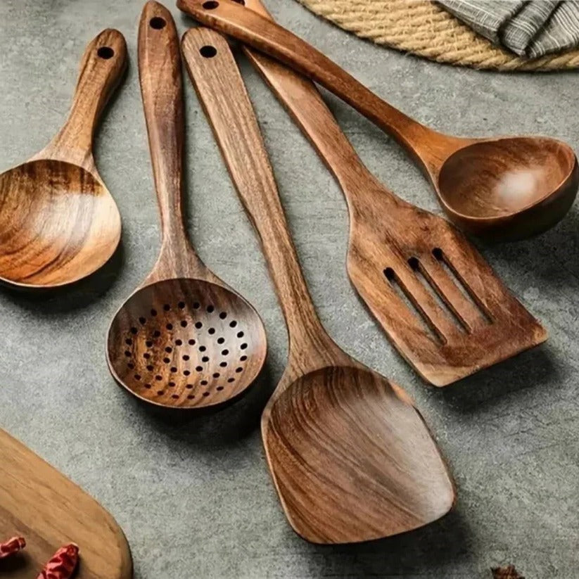 Wooden Kitchen Utensil Set with Spoons, Spatulas and Skimmer Ladle