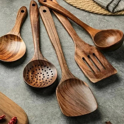 Wooden Kitchen Utensil Set with Spoons, Spatulas and Skimmer Ladle