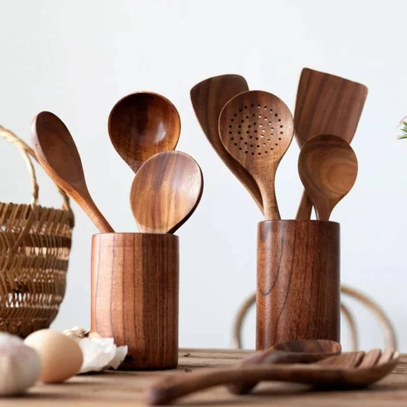Wooden Kitchen Utensil Set with Spoons, Spatulas and Skimmer Ladle
