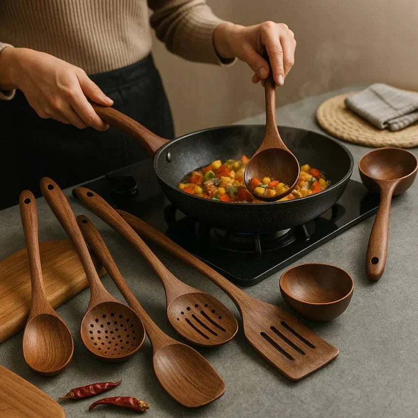 Wooden Kitchen Utensil Set with Spoons, Spatulas and Skimmer Ladle