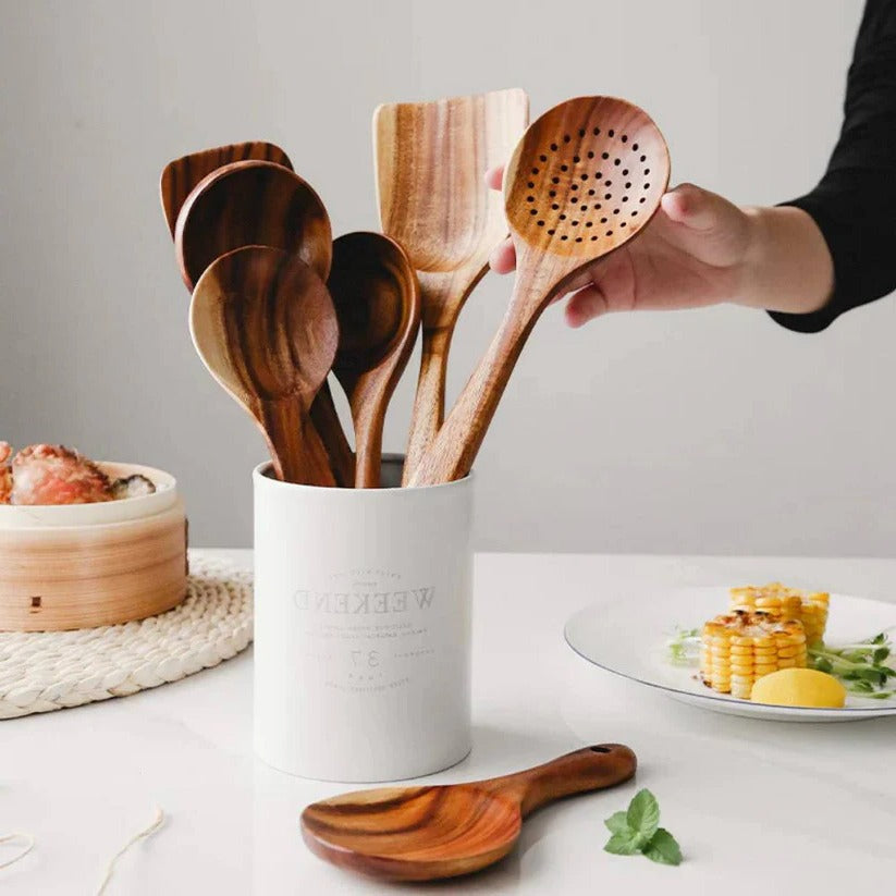 Wooden Kitchen Utensil Set with Spoons, Spatulas and Skimmer Ladle