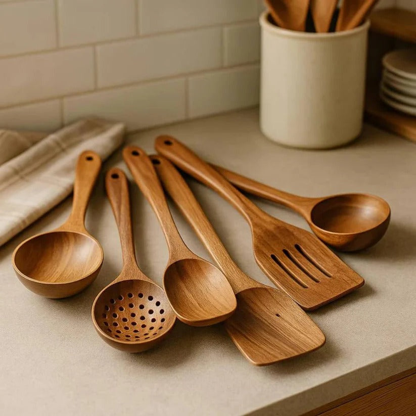 Wooden Kitchen Utensil Set with Spoons, Spatulas and Skimmer Ladle