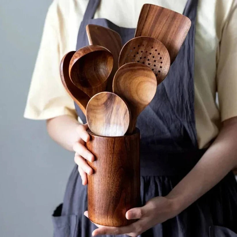 Wooden Kitchen Utensil Set with Spoons, Spatulas and Skimmer Ladle