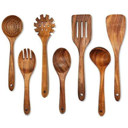 Wooden Kitchen Utensil Set with Spoons, Spatulas and Skimmer Ladle