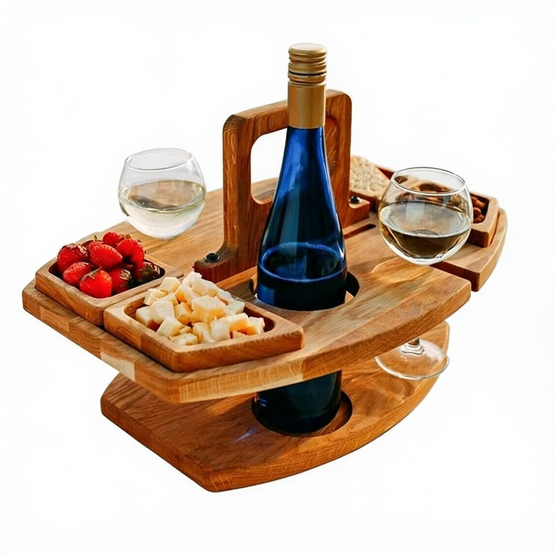 Wooden Picnic Wine Table with Bottle Holder, Glass Holders and Snack Trays