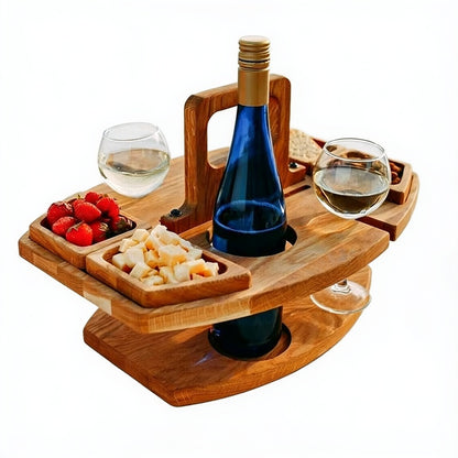 Wooden Picnic Wine Table with Bottle Holder, Glass Holders and Snack Trays