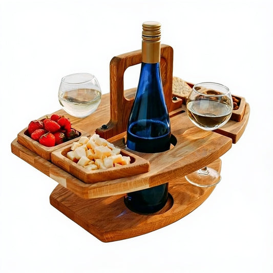 Wooden Picnic Wine Table with Bottle Holder, Glass Holders and Snack Trays