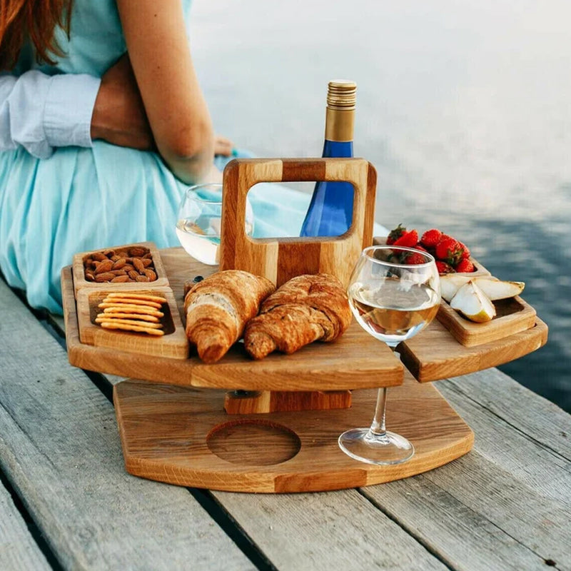 Wooden Picnic Wine Table with Bottle Holder, Glass Holders and Snack Trays