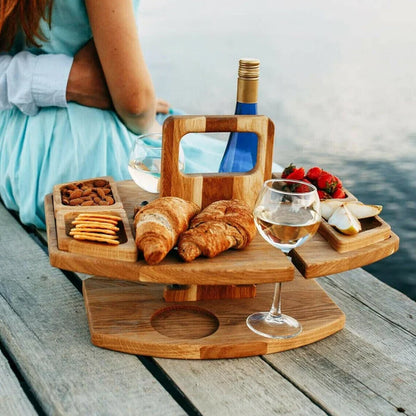 Wooden Picnic Wine Table with Bottle Holder, Glass Holders and Snack Trays