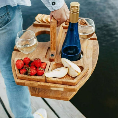 Wooden Picnic Wine Table with Bottle Holder, Glass Holders and Snack Trays