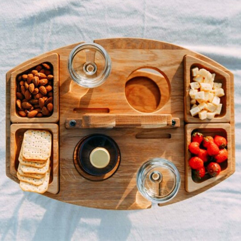 Wooden Picnic Wine Table with Bottle Holder, Glass Holders and Snack Trays