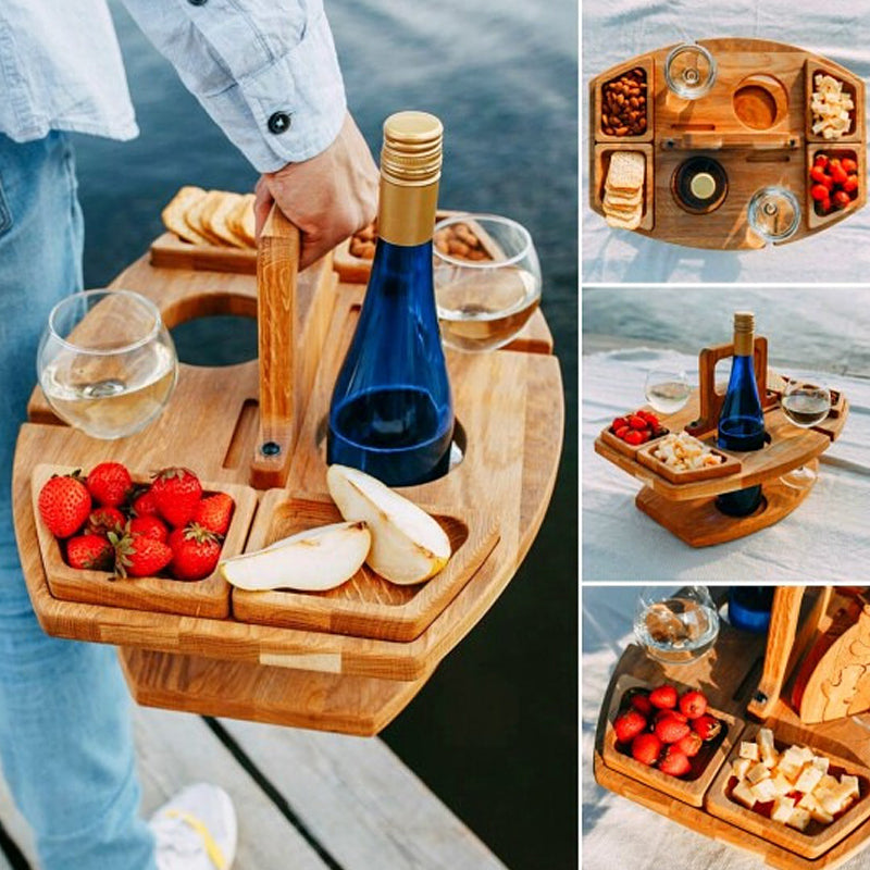 Wooden Picnic Wine Table with Bottle Holder, Glass Holders and Snack Trays