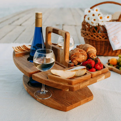 Wooden Picnic Wine Table with Bottle Holder, Glass Holders and Snack Trays