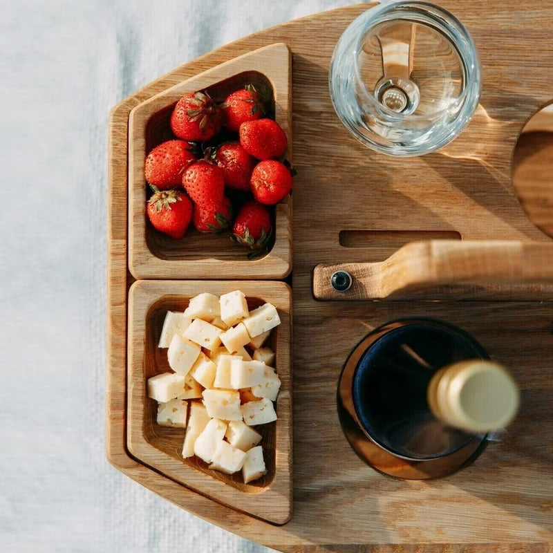 Wooden Picnic Wine Table with Bottle Holder, Glass Holders and Snack Trays