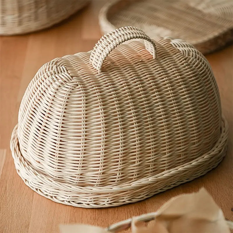 Woven Rattan Bread Cloche with Dome Cover and Serving Tray