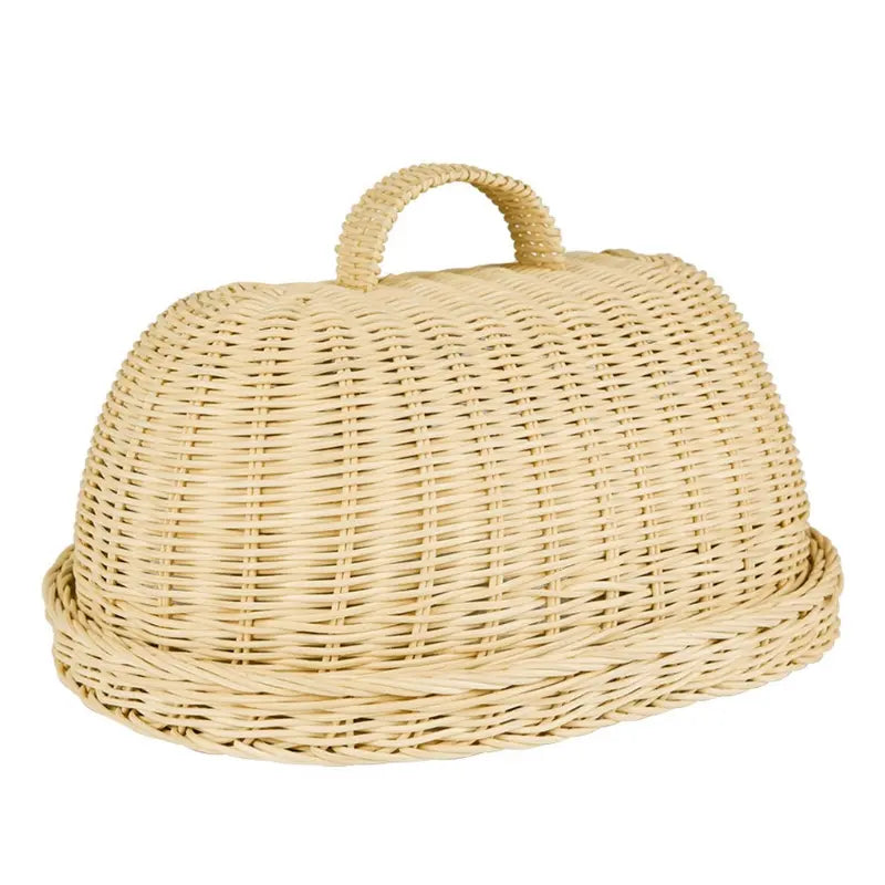 Woven Rattan Bread Cloche with Dome Cover and Serving Tray