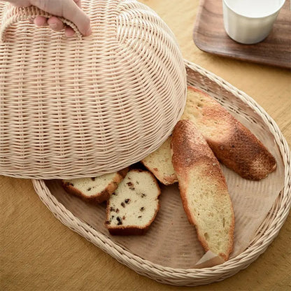 Woven Rattan Bread Cloche with Dome Cover and Serving Tray